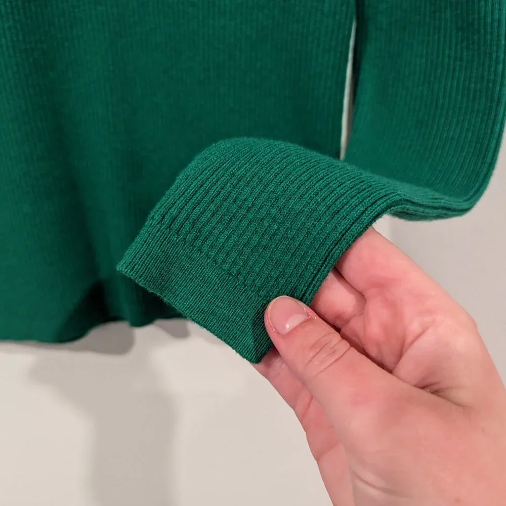 Maje | Emerald Green Ribbed Knit Sweater with Trucker Collar - XS